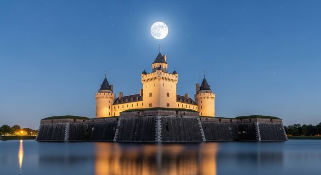 A majestic stone fortress stands tall under a clear starry sky, illuminated by a full moon reflecting off the surface of a quiet moat, moonlight, palace, castle