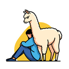 Fototapeta premium Sad person comforted by friendly white alpaca.
