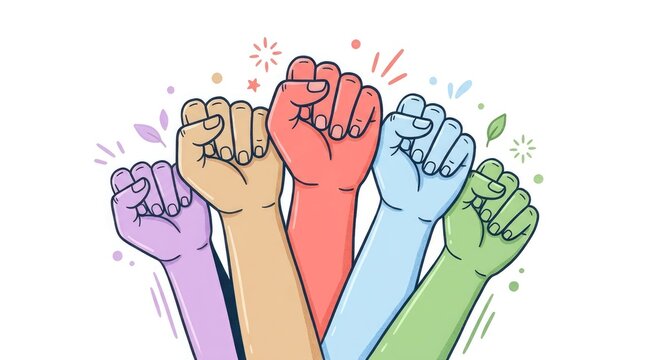 Diverse group celebration raised fists symbolizing unity and empowerment