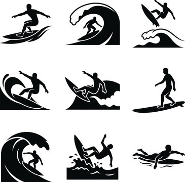 Water sport surfing silhouettes displaying individuals riding waves with boards paddle boarding jumping and swimming in ocean depicting diverse beach activities.