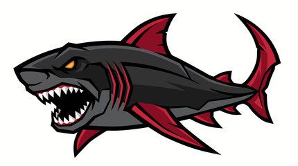 Fototapeta premium Fierce black and red shark mascot with sharp teeth and open jaws