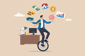 Financial advisor investment expertise concept smart businessman investor juggling finance asset, real estate, currency, saving Big Desk and stock market graph riding unicycle one wheel © Parul