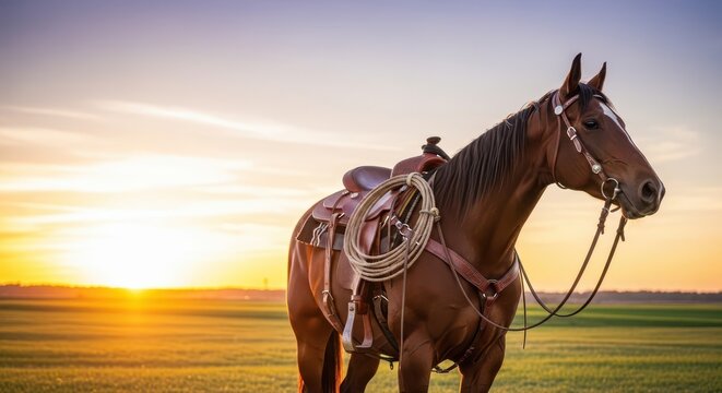A strong bay horse stands in a sunlit field wearing a leather saddle and bridle with a coiled rope, ready for daily chores on a vast ranch, scenery, gear, lasso