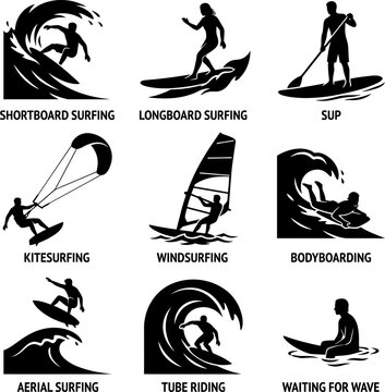 Surfing terminology icons including shortboard longboard sup kitesurfing windsurfing bodyboarding aerial surfing tube riding and waiting for wave action silhouette.