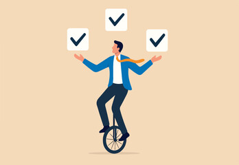 Todo list professional, business or work accomplishment, project management to track completed tasks or checklist to check for completion concept, businessman juggling checkbox on unicycle © Parul