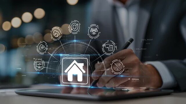 Digital property technology platform with connected real estate services, businessman monitoring smart housing ecosystem, investment analytics and modern PropTech solutions