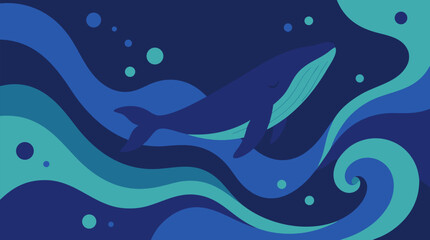 Naklejka premium Dreamy indigo and turquoise whale vector illustration with flowing ocean waves, bubbles, deep navy background, calm marine motion, modern flat style for conservation posters, nursery art, and kids