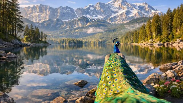 Peacock with vibrant plumage standing on rocky shore by calm lake in mountainous area.