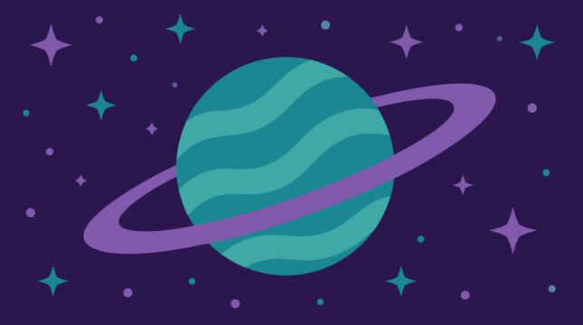 Ringed teal planet drifting through purple star field, cosmic vector illustration with wavy atmospheric bands, scattered sparkling stars and dreamy outer space poster style for astronomy themes