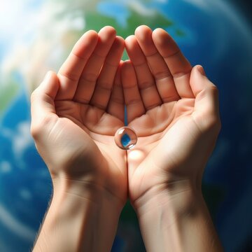 Hands carefully catch a single, precious droplet of clean water, symbolizing the essential need for conservation and saving resources globally, responsibility, collecting, hydration