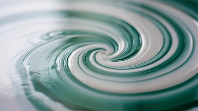 Glossy teal and white paint rotating into tightening spiral with raised viscous ridges across shallow surface, shimmering highlights, concentric bands, soft abstract motion and tactile liquid texture