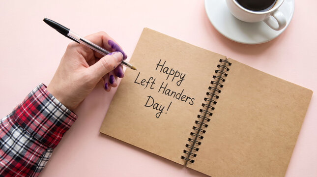 Person writing happy left handers day in notebook with coffee