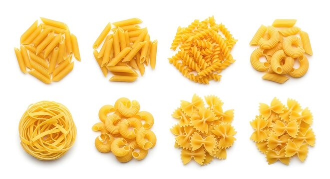 Close-up of Various Raw Pasta Shapes on White Background