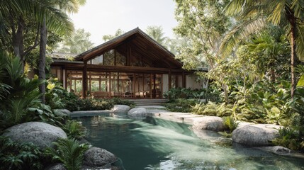 Naklejka premium Serene Modern House Surrounded by Lush Greenery and Tranquil Pool in a Tropical Paradise Setting