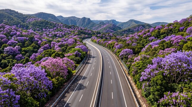 Aerial view of a modern multilane highway winding through a lush mountain landscape filled with vibrant purple jacaranda trees in full bloom under a bright blue sky