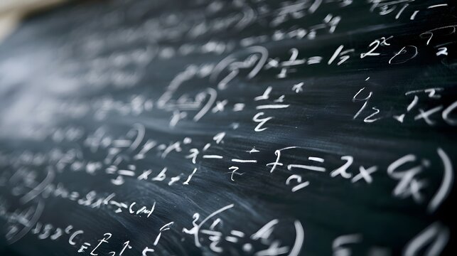 Close up of a chalkboard covered in handwritten mathematical equations and symbols with shallow depth of field