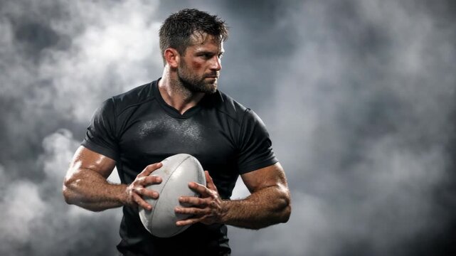 A man in athletic attire holding a football with determination on his face against a dramatic backdrop.