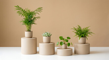 Fototapeta premium Minimalist indoor plants displayed on neutral beige pedestal plant stands