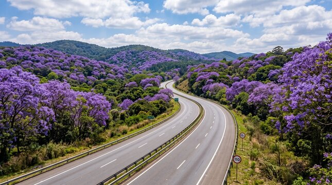 Highway winding through hills covered in blooming jacaranda trees