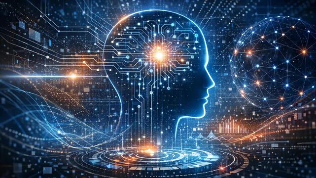 This depicts a human head with digital and cosmic elements around it, symbolizing the fusion of technology and intelligence in an artistic representation of advanced artificial intelligence.