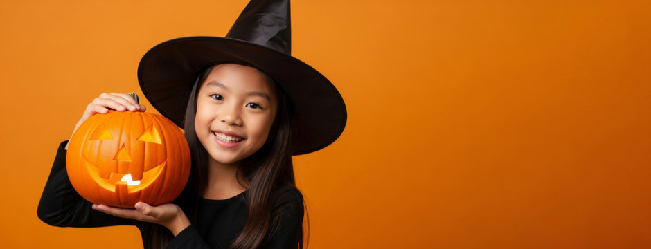 Smiling Asian girl child wearing black witch hat holding illuminated carved pumpkin. Happy Halloween celebration costume concept. Festive autumn holiday party portrait with orange background.
