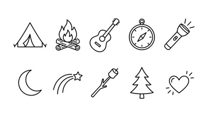 Camping Icons Set: A collection of simple line art icons representing various elements of camping and outdoor adventure, including a tent, campfire, guitar, compass, flashlight, moon, shooting star. © Juhhad