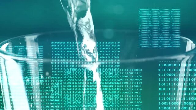pouring water in a transparent glass with animated binary code overlay, motion graphics overlay concept for digital technology of water industry 