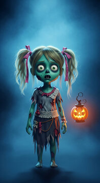 Little zombie girl with pigtails holding a glowing jack o lantern. Spooky character in torn clothing for Halloween celebration. Fantasy 3D illustration of an undead child monster.