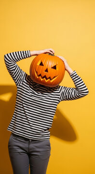 Woman holding carved pumpkin jack-o-lantern on her head instead of face. Funny Halloween costume idea for party. Seasonal autumn holiday celebration with orange vegetable on yellow background.