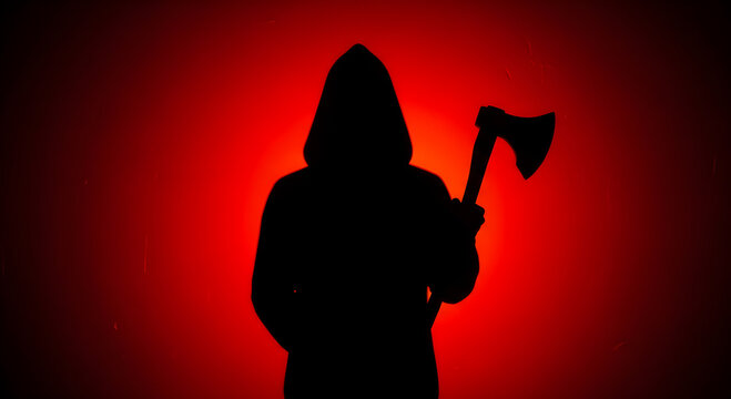 Silhouette of man in hood holding axe against red light background. Scary horror theme with dark mythical character. Cinematic mystery and thriller concept for Halloween night design.