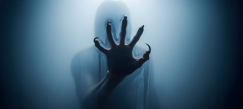 Scariest monster with sharp claws reaching through frosted glass. Eerie silhouette of supernatural creature in fog. Horror scene for Halloween thriller movie or creepy nightmare concept.