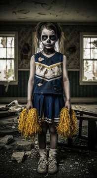 Girl as a scary zombie cheerleader standing in an abandoned room. Halloween concept of a creepy child in a torn uniform with makeup. Spooky theme for horror and thriller genre fiction.
