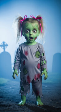 Child girl dressed as zombie for Halloween party. Toddler with green face makeup and ripped costume standing in spooky cemetery. Spooky horror concept for October holiday celebration.