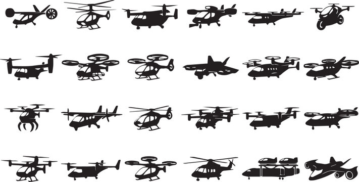 Advanced Rotorcraft Silhouette Collection, Helicopters Tiltrotor Multirotor eVTOL UAV and Future Vertical Flight Aircraft Isolated on White Background Design