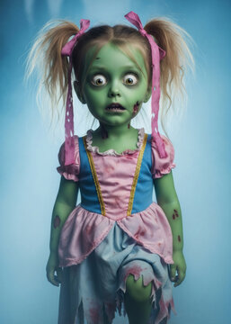 Child dressed as a zombie for Halloween. Little girl with green skin and messy hair wearing a ragged dress. Spooky undead creature character concept for party and holiday themed shoot.