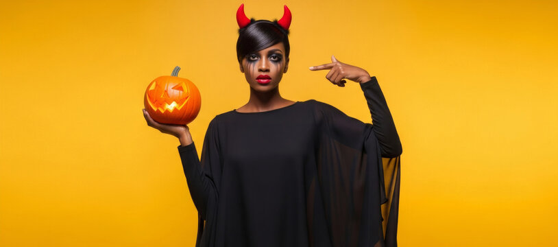 Young african american woman dressed as a devil holding a glowing jack o lantern pumpkin. Festive costume party character for Halloween celebration. Mysterious gothic makeup and horns.