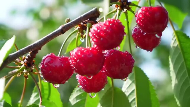 Raspberries on a green leafy branch