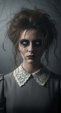 Woman with scary white eyes and dark makeup wearing vintage lace collar dress. Spooky ghost character portrait. Concept of horror, Halloween costume, supernatural creature and mystery.