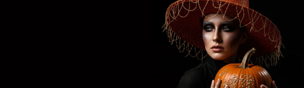 Woman in witch hat holding pumpkin for Halloween. Mysterious sorceress with festive makeup celebration of autumn seasonal holiday. Dark gothic fantasy portrait with copy space.