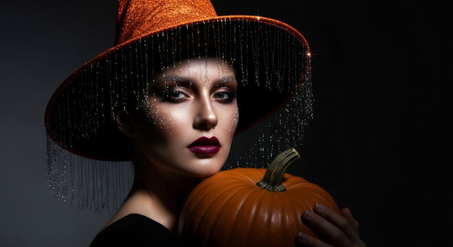 Woman witch in orange hat with glitter holding pumpkin. Portrait for Halloween celebration. Mystical mystery style, fashion art fashion makeup, dark horror holiday autumn season background.