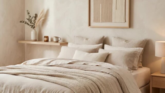 A room shows a bed with light-colored bedding. There is a plant on the shelf and a lamp on the nightstand. The space feels warm and inviting