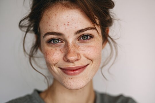 acne skincare routine -  young woman face with visible acne or acne scars on her face, smiling confidently in front of a neutral background. Soft natural lighting, minimal makeup, clean composition.