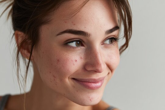 acne skincare routine -  young woman face with visible acne or acne scars on her face, smiling confidently in front of a neutral background. Soft natural lighting, minimal makeup, clean composition.