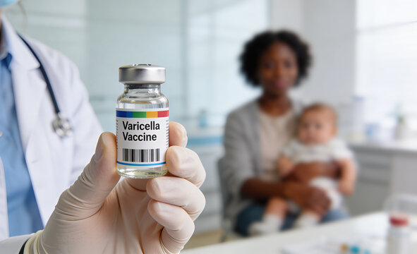 Doctor holding varicella vaccine vial. African american woman with child visiting pediatrician for chickenpox immunization. Healthcare professional preparing dose for baby patient in clinic.