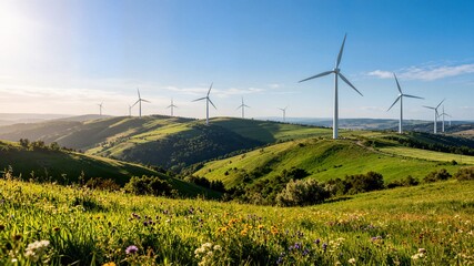 Wind turbines on green hills with blooming wildflowers under blue sky ideal for renewable energy marketing and sustainability banner © LI