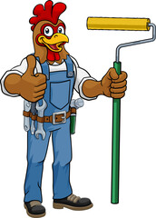 A chicken or rooster painter decorator handyman cartoon construction man mascot character holding a paint roller tool © Christos Georghiou
