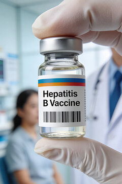 Doctor holding vial of hepatitis B vaccine. Medical professional preparing for immunization in hospital. Healthcare concept for disease prevention, viral protection and clinical treatment.