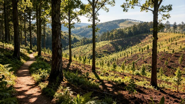 Forest path along mountain hillside with young tree plantation ideal for sustainable forestry management environmental awareness and advertising