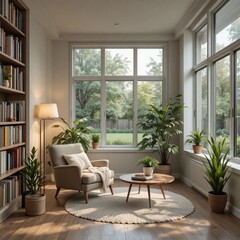 Fototapeta premium Cozy Sunlit Reading Nook with Armchair, Plants and Floor to Ceiling Windows in Modern Living Room