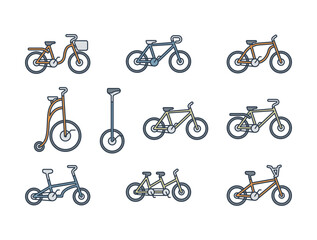 Various Types of Bicycles Icons Flat design style, collection of urban, sport, folding, tandem, and classic bicycles, ideal for transportation, cycling, fitness, and mobility designs. © RAVIAN